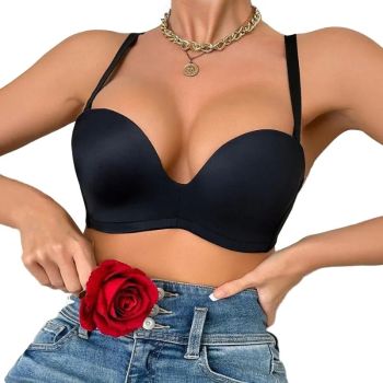 House Of Dasein Sexy Side Gathering Seamless Push-Up Shoulderless Bra For Women - Black - 70C