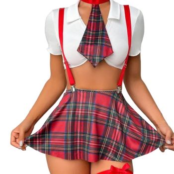 House Of Dasein Sexy Role-Playing Mesh Transparent Uniform Lingerie Set - Red - M