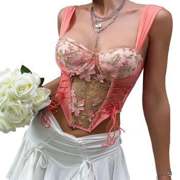 House Of Dasein Cross Border Style Spicy Girl Floral Embroidery Fitted Sexy Bra Corset Lace Up Back Top - Orange Pink - S