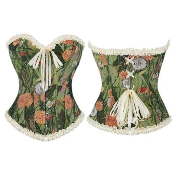 House Of Dasein Green Floral Print Boned Corset Front Busk Closure Bowknot Bandage Victorian Style L
