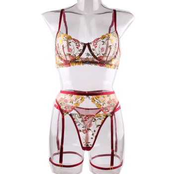 House Of Dasein Bright Cheery Fun Floral Lingerie Garter Belt Panties Bra Sets - Burgundy - L