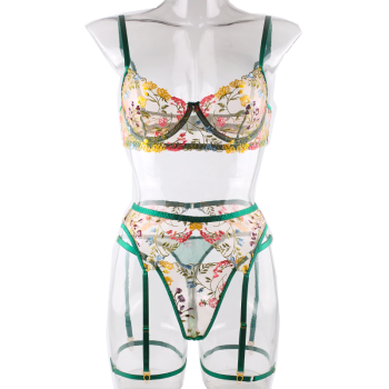 House Of Dasein Bright Cheery Fun Floral Lingerie Garter Belt Panties Bra Sets - Hunter Green - S