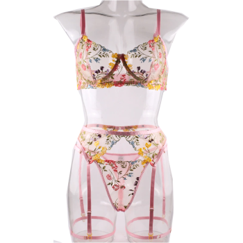 House Of Dasein Bright Cheery Fun Floral Lingerie Garter Belt Panties Bra Sets - Light Pink - L