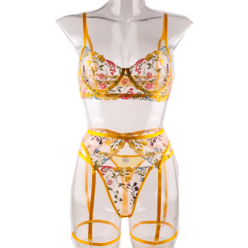 House Of Dasein Bright Cheery Fun Floral Lingerie Garter Belt Panties Bra Sets - Yellow - M