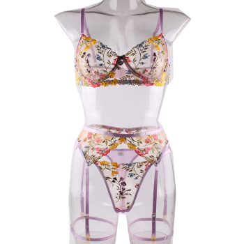 House Of Dasein Bright Cheery Fun Floral Lingerie Garter Belt Panties Bra Sets - Purple - S