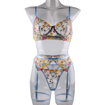 House Of Dasein Bright Cheery Fun Floral Lingerie Garter Belt Panties Bra Sets - Sky Blue - L