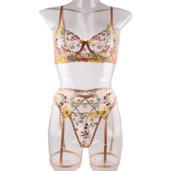 House Of Dasein Bright Cheery Fun Floral Lingerie Garter Belt Panties Bra Sets - Khaki - Xl