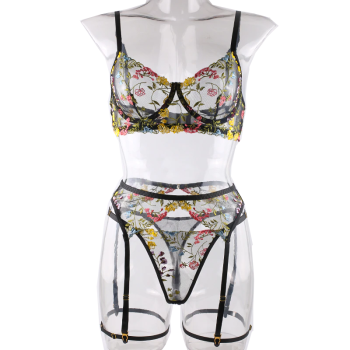 House Of Dasein Bright Cheery Fun Floral Lingerie Garter Belt Panties Bra Sets - Black - M