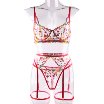 House Of Dasein Bright Cheery Fun Floral Lingerie Garter Belt Panties Bra Sets - Red - M