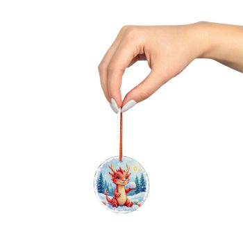 Story Nest Books Crystal Glass Ornament Red Dragon Christmas Tree Decoration Whimsical Holiday Playful Bright Bauble - Dragon With Snowball