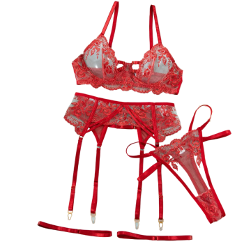 House Of Dasein Sexy Transparent Tempting Embroidered Bra And Garter Belt Four-Piece Set Womens Valentines Day Lingerie - Red - Xl