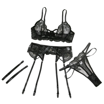 House Of Dasein Sexy Transparent Tempting Embroidered Bra And Garter Belt Four-Piece Set Womens Valentines Day Lingerie - Black - M