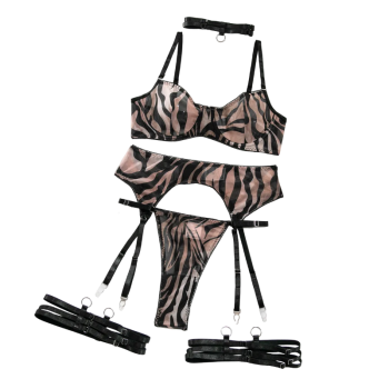 House Of Dasein Sexy Zebra Print Wild Comfortable Four-Piece Set Sheer Mesh Transparent Underwear - Zebra Pattern - M