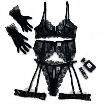 House Of Dasein Lace Hollow Comfortable Sheer Sexy Lingerie Underwear Garter Belt Separated Five Piece Set - Black - L