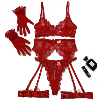 House Of Dasein Lace Hollow Comfortable Sheer Sexy Lingerie Underwear Garter Belt Separated Five Piece Set - Red - S