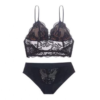 French Sexy Lace Underwear Thin Non Wired Triangle Cup Bra Shape Backless Set - Black - L