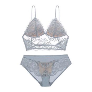French Sexy Lace Underwear Thin Non Wired Triangle Cup Bra Shape Backless Set - Gray Blue - Xl