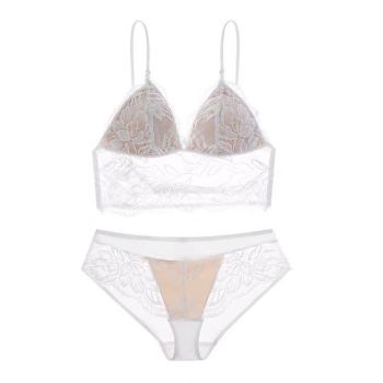 French Sexy Lace Underwear Thin Non Wired Triangle Cup Bra Shape Backless Set - White - L
