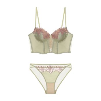 House Of Dasein Women's Rose Boned Corset Vest And American Waist Cinching Underwear Shaping Gathered French Long Slim Bra Set - Matcha Green - M
