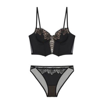 House Of Dasein Women's Rose Boned Corset Vest And American Waist Cinching Underwear Shaping Gathered French Long Slim Bra Set - Audrey Black - M