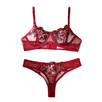 House Of Dasein Women's Intimates Sweet And Sexy Low Waist Floral Embroidery Mesh Transparent Lingerie Two-Piece Set - Wine Red - L