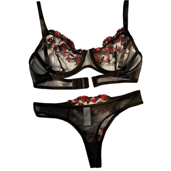 House Of Dasein Women's Intimates Sweet And Sexy Low Waist Floral Embroidery Mesh Transparent Lingerie Two-Piece Set - Black - M