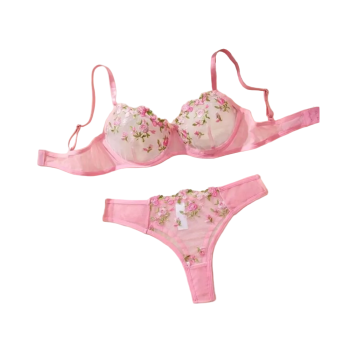 House Of Dasein Women's Intimates Sweet And Sexy Low Waist Floral Embroidery Mesh Transparent Lingerie Two-Piece Set - Pink - S