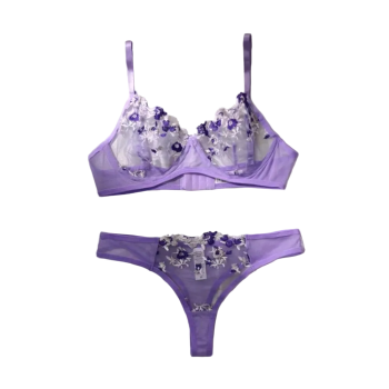 House Of Dasein Women's Intimates Sweet And Sexy Low Waist Floral Embroidery Mesh Transparent Lingerie Two-Piece Set - Purple - M