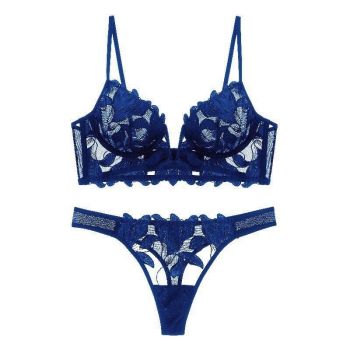 House Of Dasein Ultra-Thin Deep V Embroidered Lace Bra Set Sexy Lingerie - Blue - S
