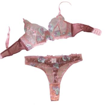 House Of Dasein Lace Embroidery Women's Bra Flower Advanced Craft Steel Ring Gathered Sexy Lingerie Set - Pink - S