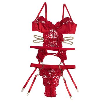 House Of Dasein Sexy Two Piece Lingerie Set For Women Hollow Back Lace Design - Red - M