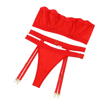 House Of Dasein Sexy Solid Color Zipper Strapless Waist Closure Lingerie Three Piece Set - Red - S