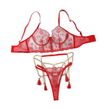 House Of Dasein Flower Embroidery Spliced Mesh Metal Chain Tassel Waistband Fun Four Piece Set - Red - S