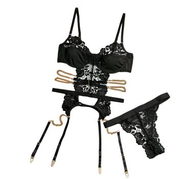 House Of Dasein Sexy Two Piece Lingerie Set For Women Hollow Back Lace Design - Black - Xl