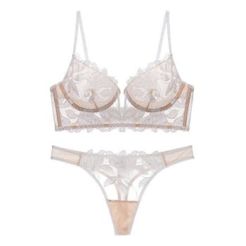 House Of Dasein Ultra-Thin Deep V Embroidered Lace Bra Set Sexy Lingerie - White - Xl