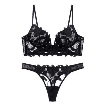 House Of Dasein Ultra-Thin Deep V Embroidered Lace Bra Set Sexy Lingerie - Black - S