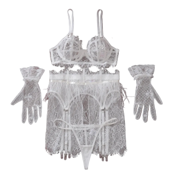 House Of Dasein Lace Splicing Perspective Bra Set - White - M