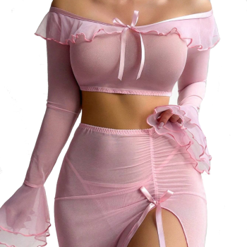 House Of Dasein Transparent Mesh Uniform Temptation High Slit Long Skirt Erotic Lingerie Set - Pink - Xl