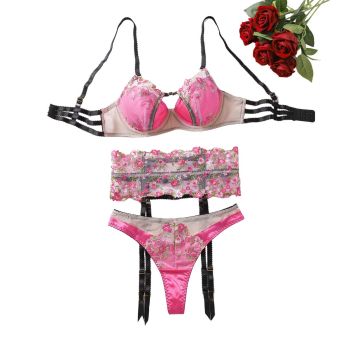 House Of Dasein Sexy Mesh Perspective Embroidery Flower Gathering Fun Underwear 3-Piece Set - Black Pink - L