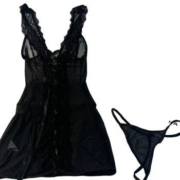 House Of Dasein Sexy Lace V-Neck Transparent Temptation Nightgown Erotic Underwear Pure Desire With Thong - Black - M