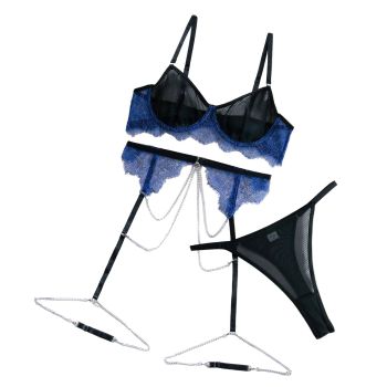 House Of Dasein Sexy Lingerie Lace Mesh Splicing Contrast Color Gathered Transparent With Chain Three-Piece Set - Black - L