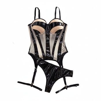 House Of Dasein Sexy Leather Fabric Spliced Mesh Suspender Lingerie Three Piece Set - Black Skin Color - S