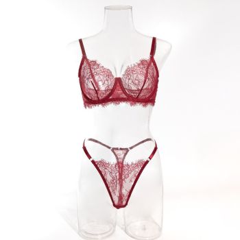 House Of Dasein Sexy Lace Bra And Underwear Set For Women - Lightweight Breathable - Wine Red - S