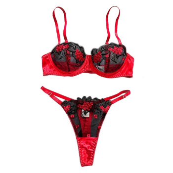 House Of Dasein Underwear Three Point Sexy Mesh Embroidery Perspective Fun Lingerie Set Women's Pants Temptation - Red - S