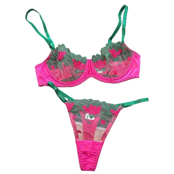 House Of Dasein Underwear Three Point Sexy Mesh Embroidery Perspective Fun Lingerie Set Women's Pants Temptation - Rose Red - S
