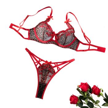 House Of Dasein Sexy Leopard Print Red Embroidered Cherry Thin Push-Up Bow Bra Women's Two-Piece Set - Red - Xs