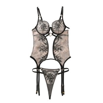 House Of Dasein Flower Embroidered Bra Set Sexy Mesh Love Decoration - Black - S