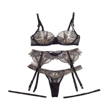 Embroidered Lace Splicing Polka Dot Mesh Sexy Lingerie Four Piece Set - Black Skin Color - S