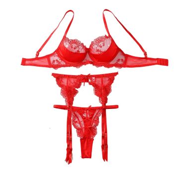 House Of Dasein Hanging Socks Body Shaping Split Set Embroidered Mesh Perspective Three Piece - Red - M