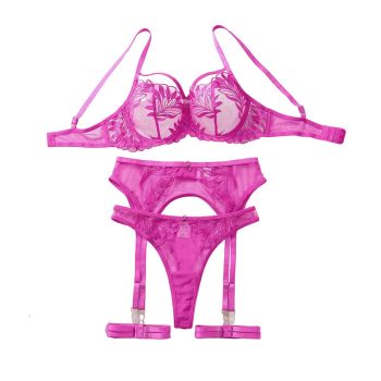 House Of Dasein Embroidered Lace Mesh Transparent Comfortable Underwear Four Piece Set - Rose Red - L